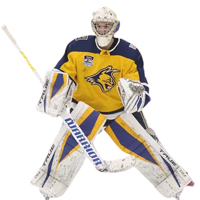 Aiden Biswanger in goaltender position making a save during a hockey game